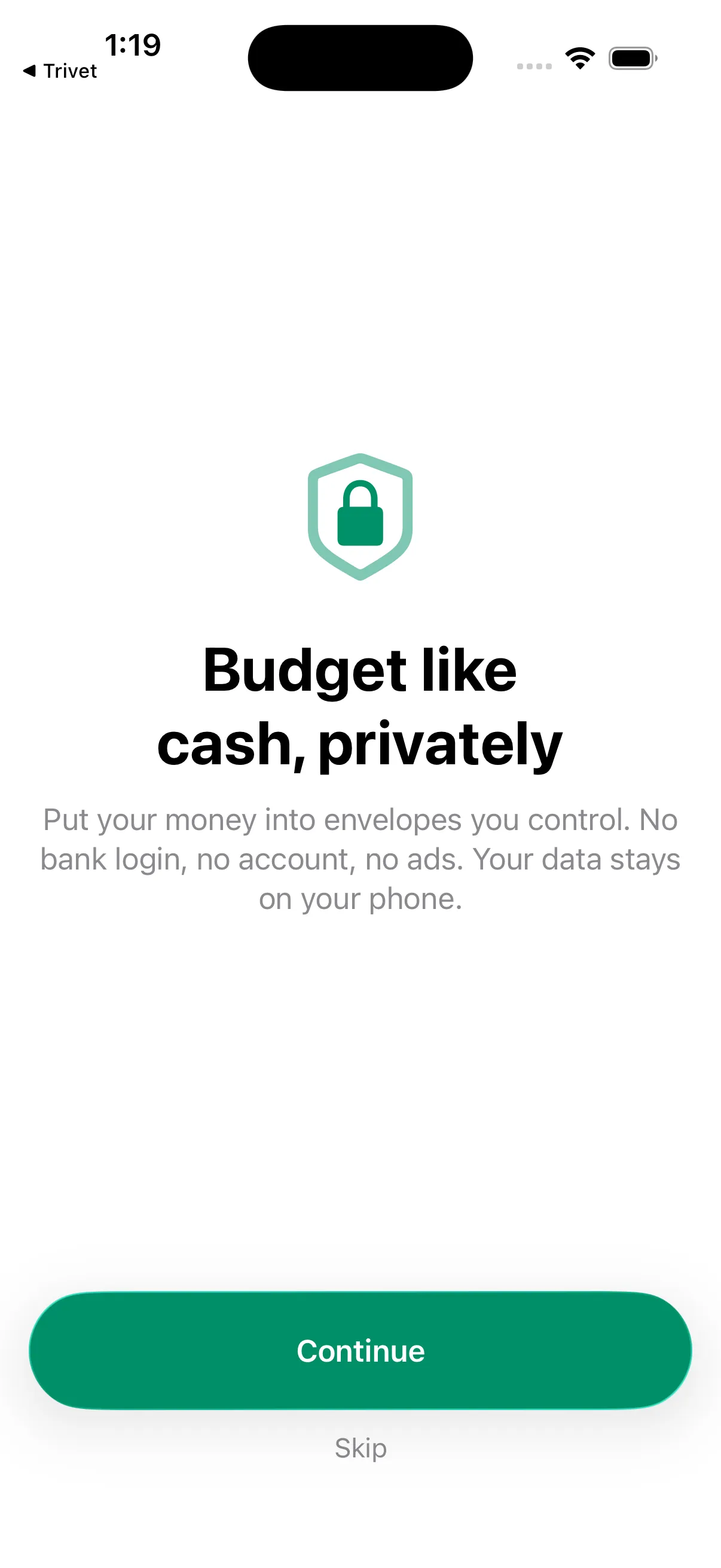 Tuckaway onboarding explaining that your data stays on your phone